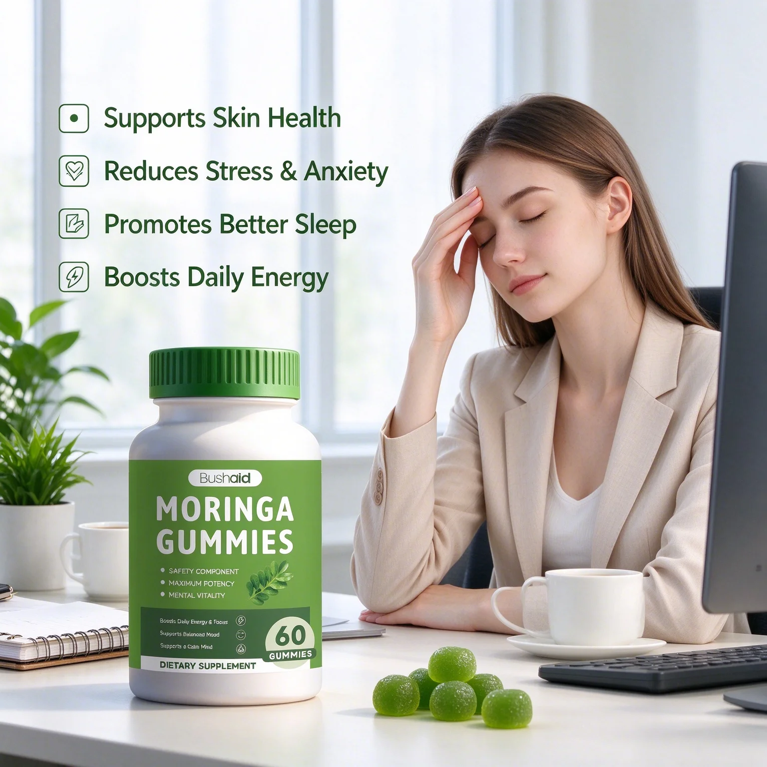 Organic Moringa Leaf Extract Gummies Support Healthy Skin Relieve Stress Promote Deep Sleep Antioxidant Chewable Gummy Candy