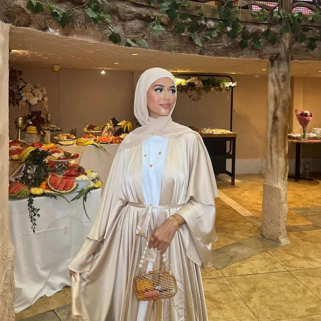 Eid Satin Abaya Dubai Open Kimono Cardigan Kaftan Women Muslim Ruffle Flare Sleeve Party Dress Arabic Robe Marcain Gown Ramadan