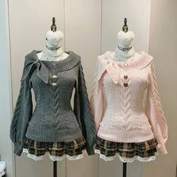 Spring Japanese Sweet Long Sleeve Sweater Women Elegant Chic Bow Off Shoulder Solid Thin Pullover Cute Pretty Skinny Lace Up Top