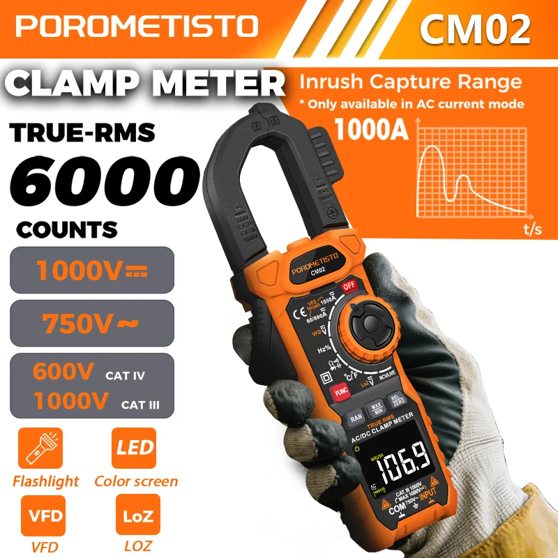 

CM02 цифровые клещи мультиметр True RMS 6000 отсчетов 1000A AC DC высокая точность емкость температура NCV Ом Гц тестер