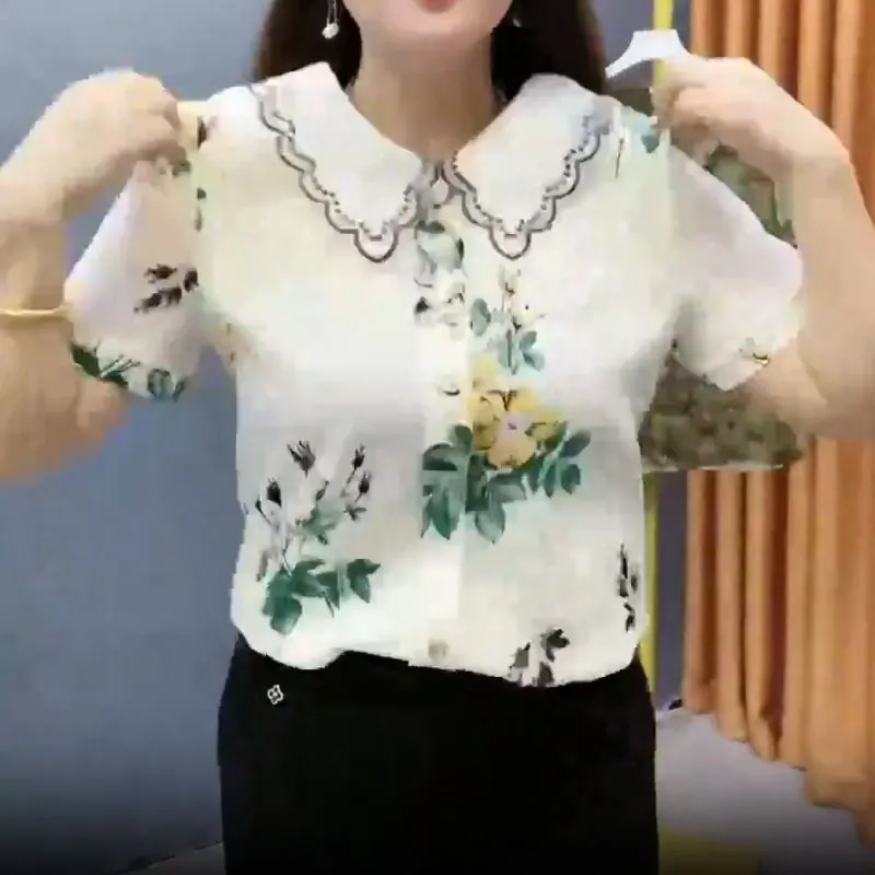 Casual Sweet Peter Pan Collar เสื้อแฟชั่นเย็บปักถักร้อยฤดูร้อน Camellia พิมพ์เสื้อผ้าหญิงสั้นพื้นบ้านเสื้อแต่งระบาย