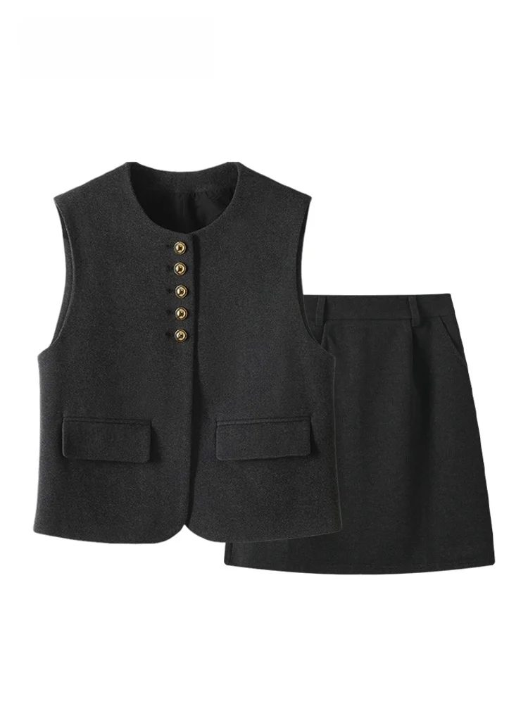 

Комплект из жилета и юбки больших размеров для женщин: осенне-зимняя новинка, элегантный стиль, большие размеры, модный, простой, из полиэстера.