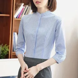 2023 New Spring and Autumn Commuter Simple Striped Standing Collar Anti Glare Snap Three Quarter and Long Sleeve Women's Shirt