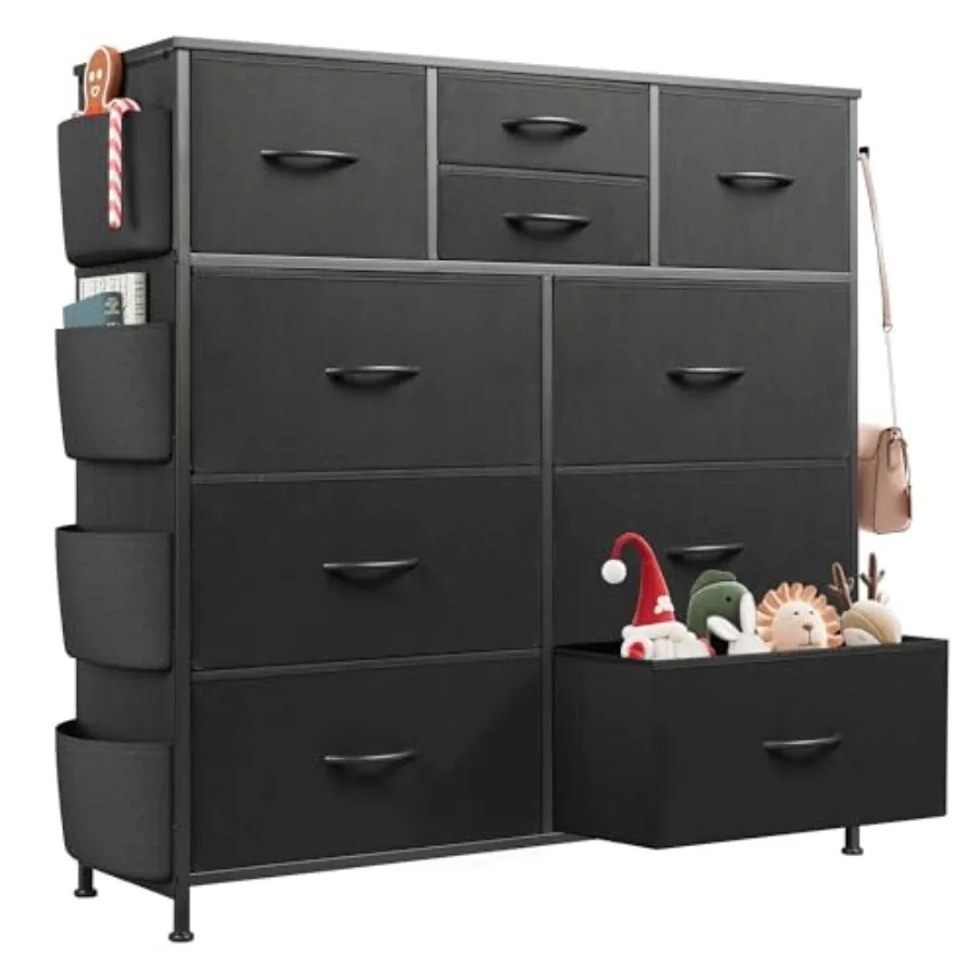 

Bedroom Dresser with 10 Drawers Fabric Chest of Drawers Black Sturdy Metal Frame Side Pockets Hooks Drawers Organizer Unit for