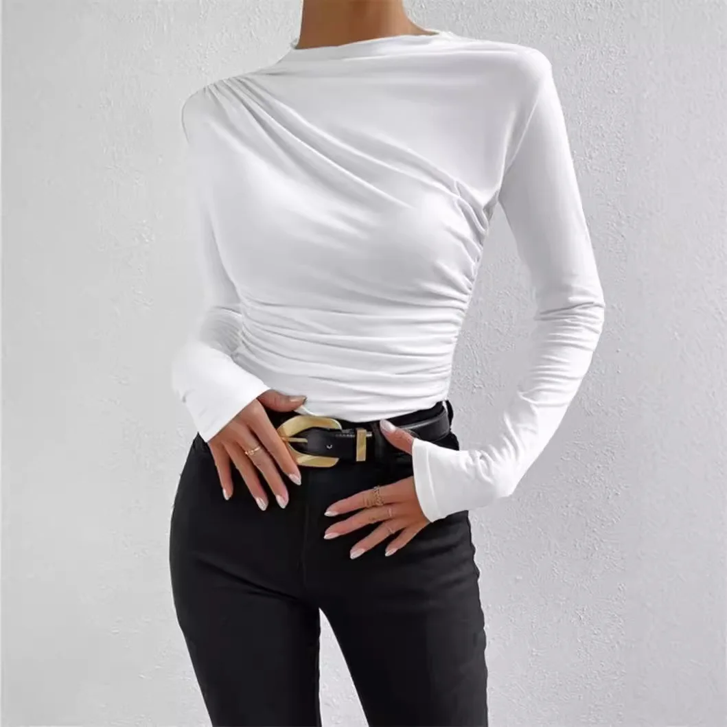 

2025 Long Sleeve Top White T-Shirts Women Basic Crop Top Autumn Pollover Solid Skew Neck T Shirt Streetwear Basic Black Tees