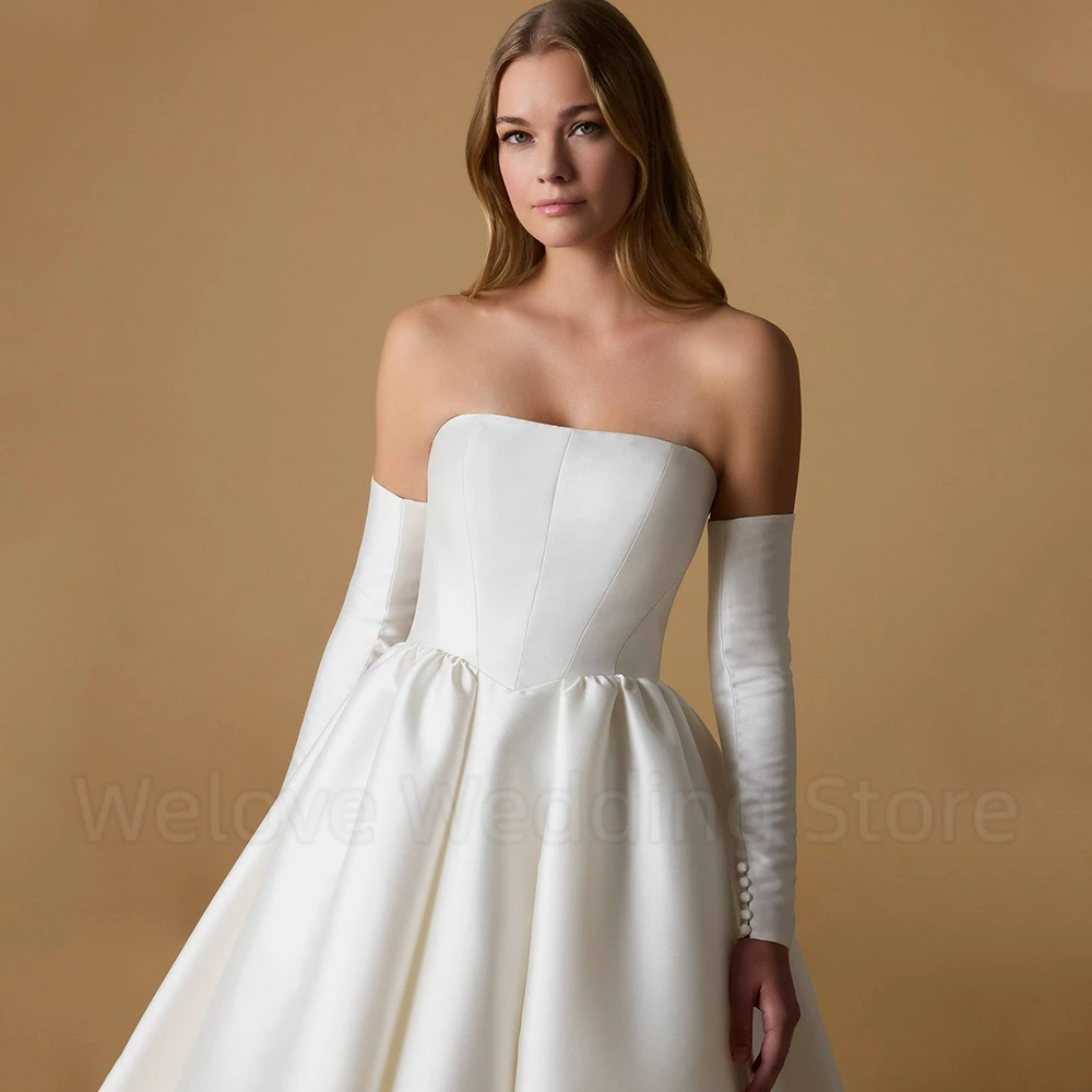 Simple Wedding Dress Strapless Satin A-Line Floor Length Bride Draped Classic Open Back with Detachable Long Sleeves Gowns