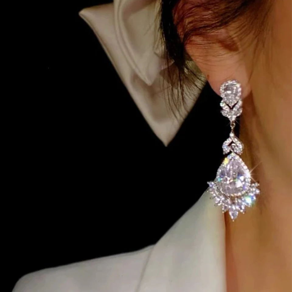 ZAKOL Luxury Clear AAA Zircon Big Dange Earring for Women Gorgeous Sliver Color Banquet Wedding Party Jewelry