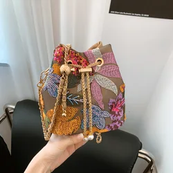 New Women's Sequin Chain Single Shoulder Crossbody Bag Large Capacity Bucket Bag Floral Handbag Handwoven Embroider Shoulder Bag