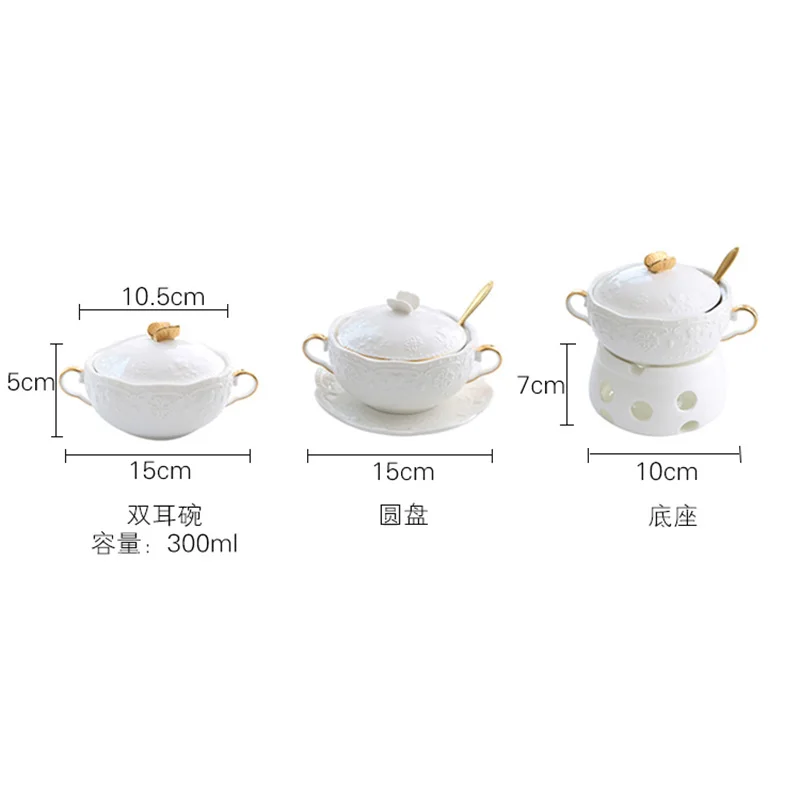 Embossed Ceramic Dessert Soup Bowl White Stew Cup Luxury Gold-plated Exquisite Soup Cup Porridge Bowl Tableware Kitchen Utensils