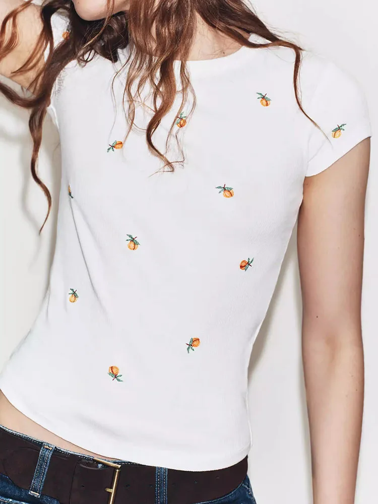 New Summer Women's T-shirt round Neck Slim Fit Contrast Color Embroidery Ribbed Short Sleeve Top Ethnic Stage Costume
