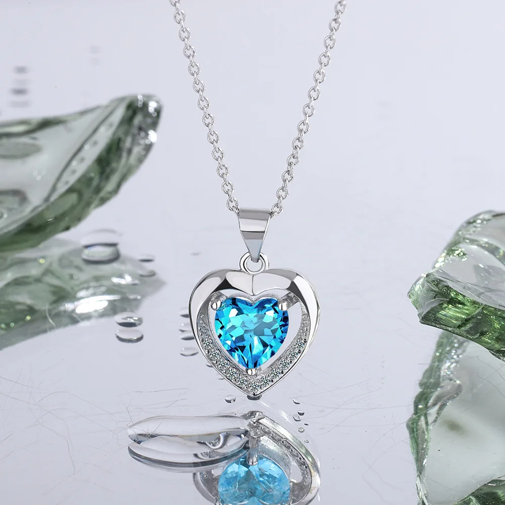 

Heart Natural Blue Topaz 925 Sterling Silver Pendant Necklace for Woman Gemstone Fine Jewelry Kolye Colar de Prata