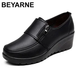 BEYARNE  Spring Autumn Women's fashion Pumps shoes woman genuine leather wedge single casual shoes mother high heels shoesE175