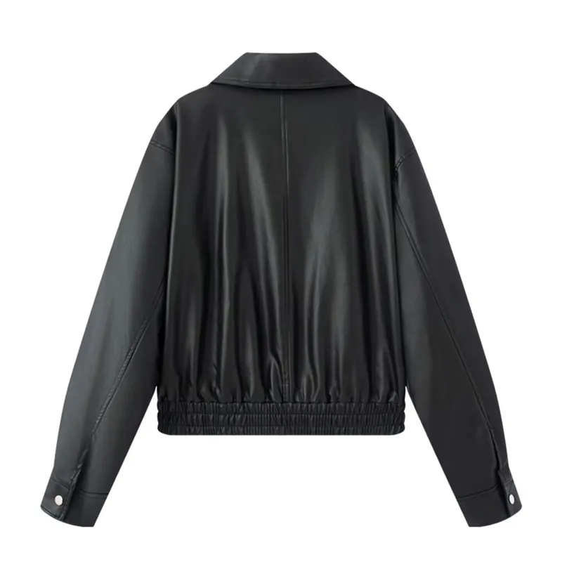 Women Jacket with Zipper Autumn Fashion European style Long Sleeve Lapel Collar Women's Leather Coats Female Chic Tops