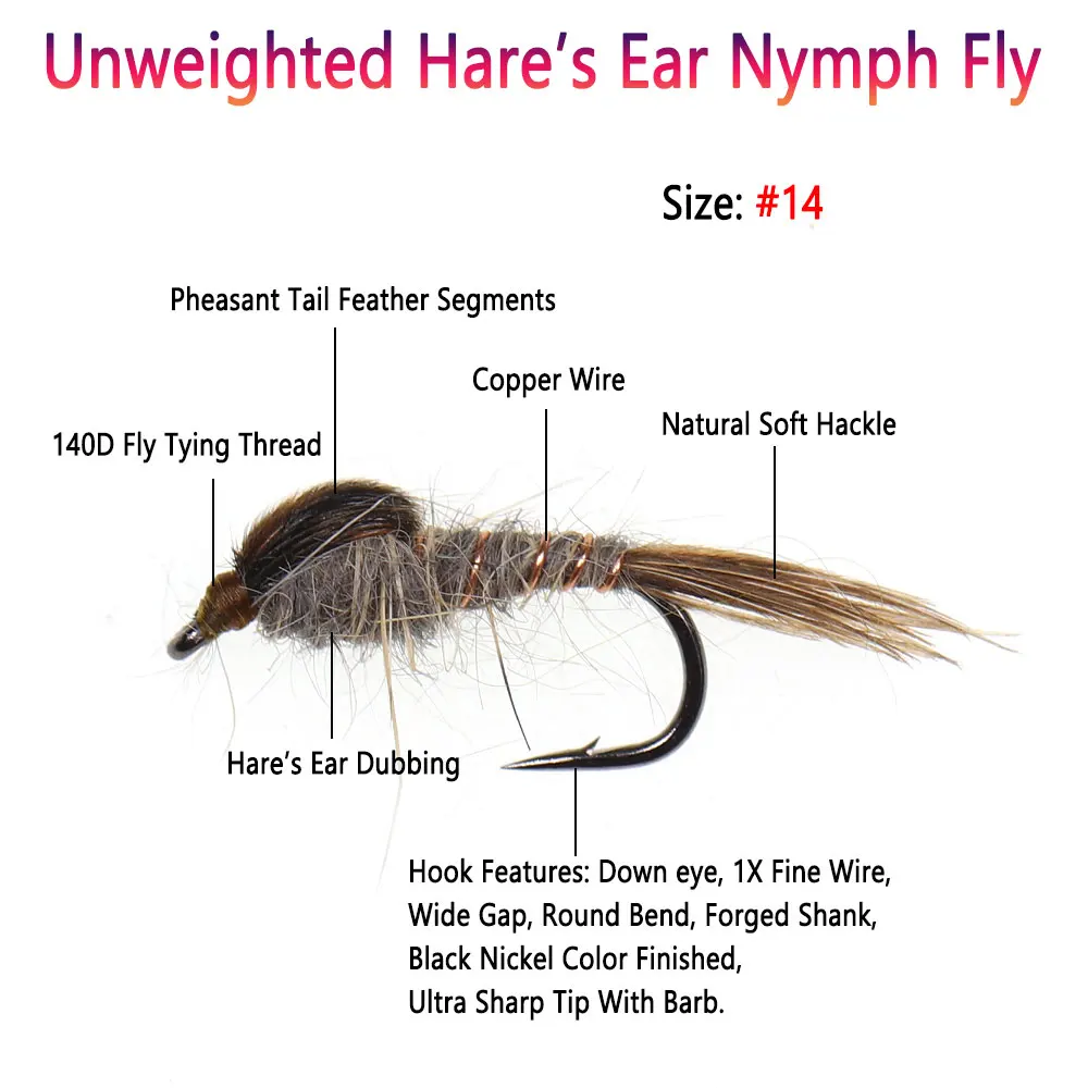 Bimoo 8PCS #14 Unweighted Hare’s Ear Nymph Artificial Dry Fly May Fly For Stillwater Trout Blugill Grayling Perch Fishing Lures