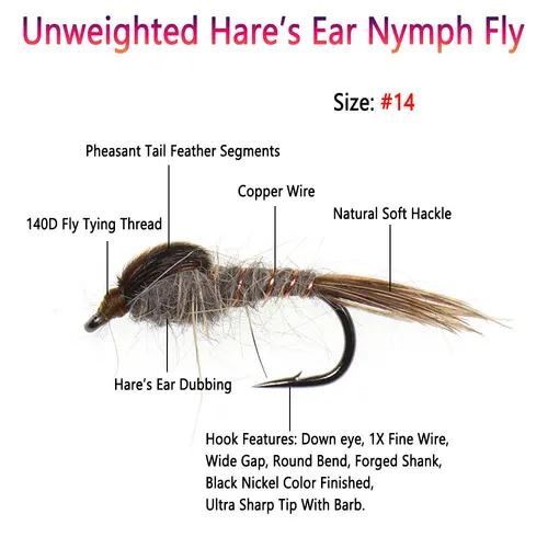Imagen 2 del producto Bimoo 8PCS # 14 moscas secas artificiales de ninfa de oreja de liebre sin peso, mosca de mayo para trucha Stillwater Blugill Grayling, señuelos de pesca de perca