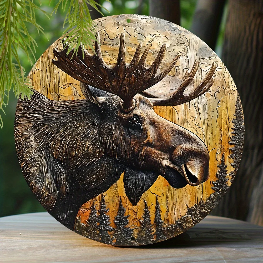 Spring Round Metal Sign Faux Wooden Carved Painted Circular Wreath Sign Bedroom Decoration Boys' Gifts Moose Themed Decoration