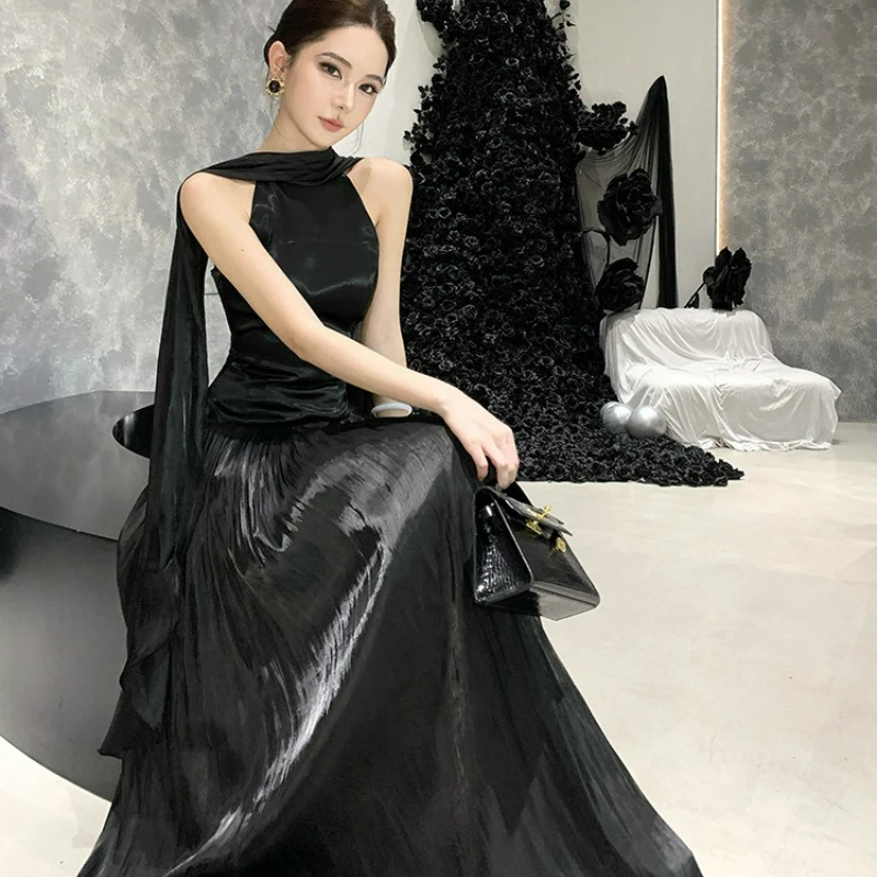 

2026 Summer New Fashion Light Luxury High-end Feeling Shawl Long Skirt French Style Elegant Neck Hanging Dress for Women