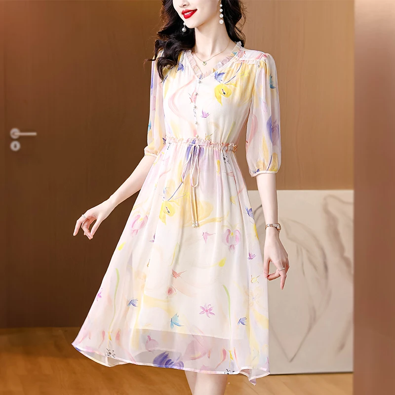 

2024 Pink Patchwork Print Natural Silk Midi Dress Women Korean Vintage Causal Dress Summer Elegant Bodycon Office Lady Dresses