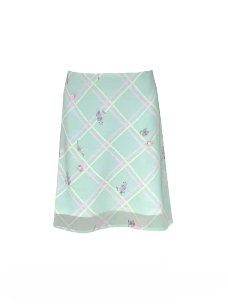 

Deeptown Sweet Elegant Floral Skirt Women Korean Style Vintage Green Plaid Skirts Y2k Harajuku Summer Fashion Mesh Mid Skirts