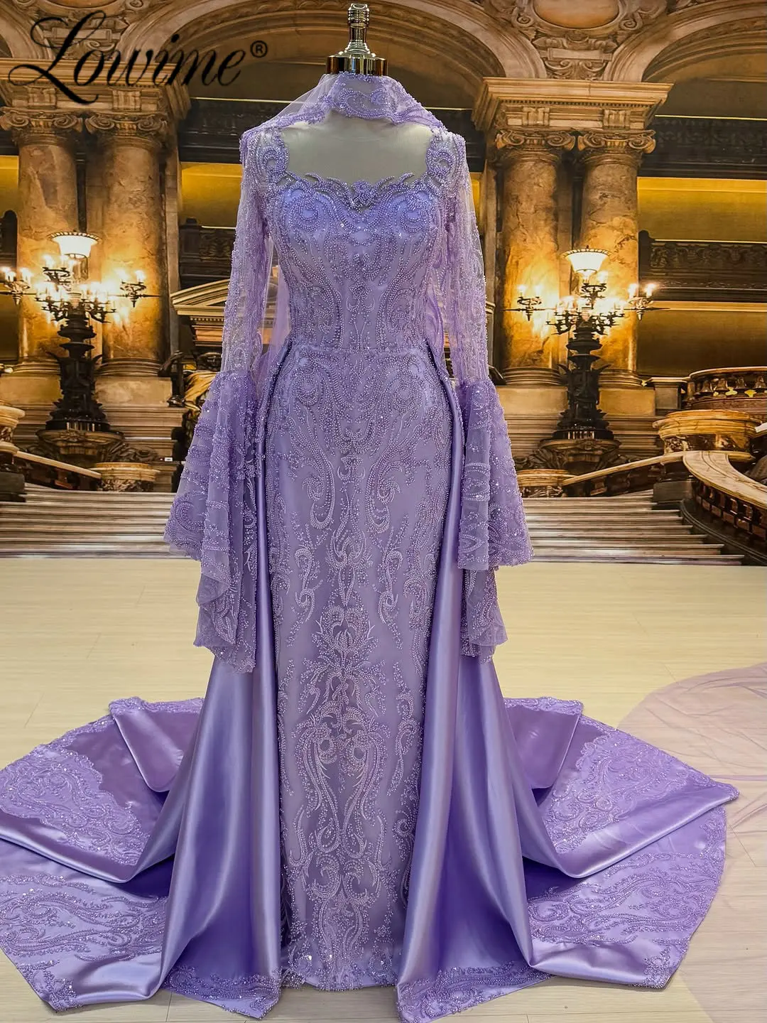 

Дубай Сиреневый колокольчик с длинными рукавами Мусульманские вечерние платья со съемным шлейфом Арабские свадебные церемониальные вечерние платья по индивидуальному заказу 2026