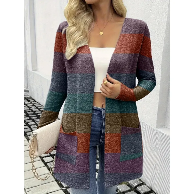 بالإضافة إلى حجم 1XL-5XL المرأة أزياء عارضة طويلة الأكمام مخطط محبوك سترة سترة