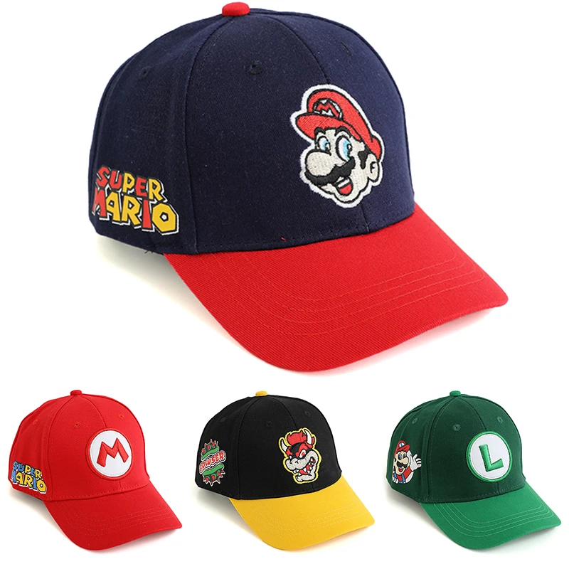 MINISO Game Super Mario Bros Anime Kids Cap Luigi Children’s Baseball Cap Mario Costume Sunshade Letter M Hat Kids Gift For Boys