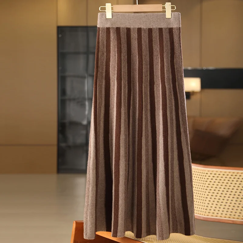 

Women 100% Wool Skirt Multicolor Vertical Stripes Skirt Autumn Winter Thick Vintage Simple Style 100% Merino Wool Knitted Skirt