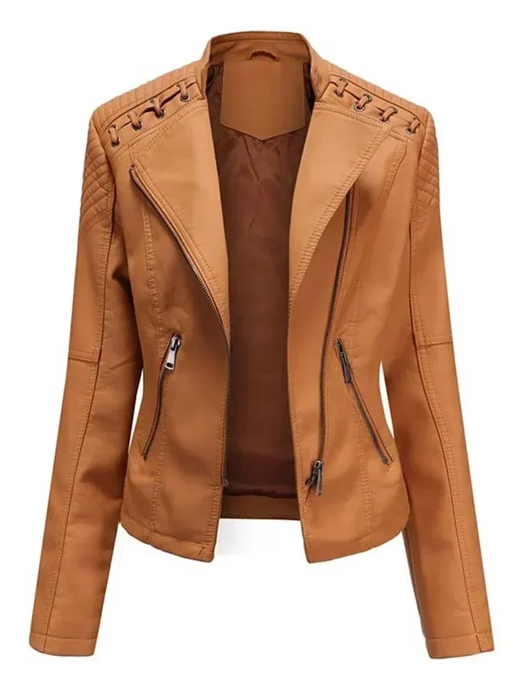 Otoño Invierno Pu chaquetas de cuero de imitación de las mujeres de manga larga con cremallera delgada motocicleta Biker abrigo de cuero suelto prendas de vestir femeninas Tops 4X