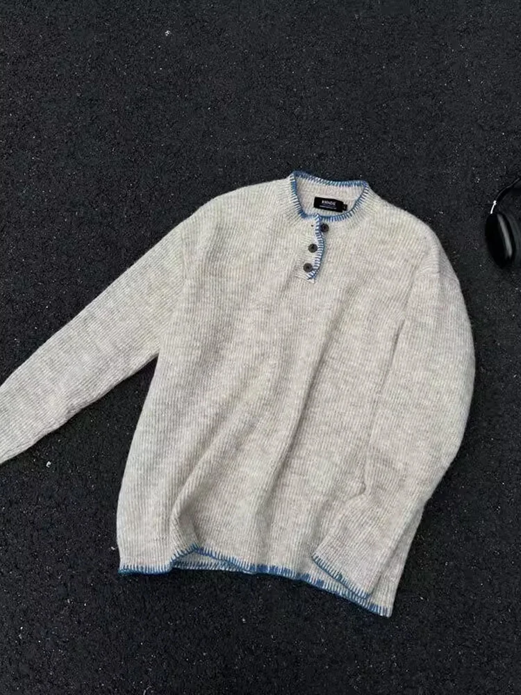 American Retro Men's Knitwear Henry Collar Sweater Autumn Winter Lazy Couple's Inner Wear Casual Loose Fit Polyester Blend