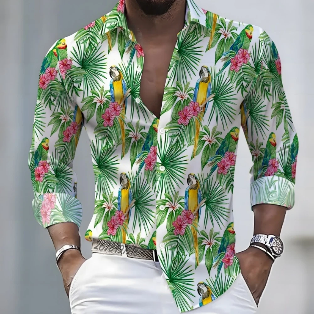 

New Men's Tropical Plant Print Long-Sleeved Shirt Featuring Unique Flamingo Parrot Pattern Stylish Casual Top Hawaiian Shirts