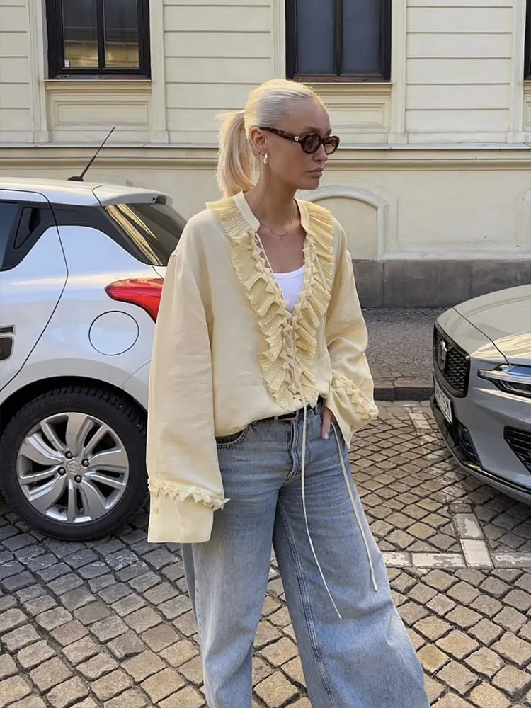 HH Damesmode Ruches Veterblouse Los Casual V-hals Shirt met lange mouwen 2025, Vrouw Elegant Chiffon Geel Chic Tos