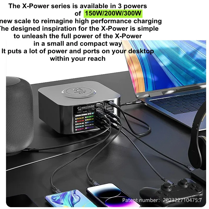 MECHANIC X-Power Plus Max 초고속 데스크탑 충전 스테이션, 무선 QC3.0 노트북 휴대폰 고속 충전 도구, 300W, PD65W, 15W