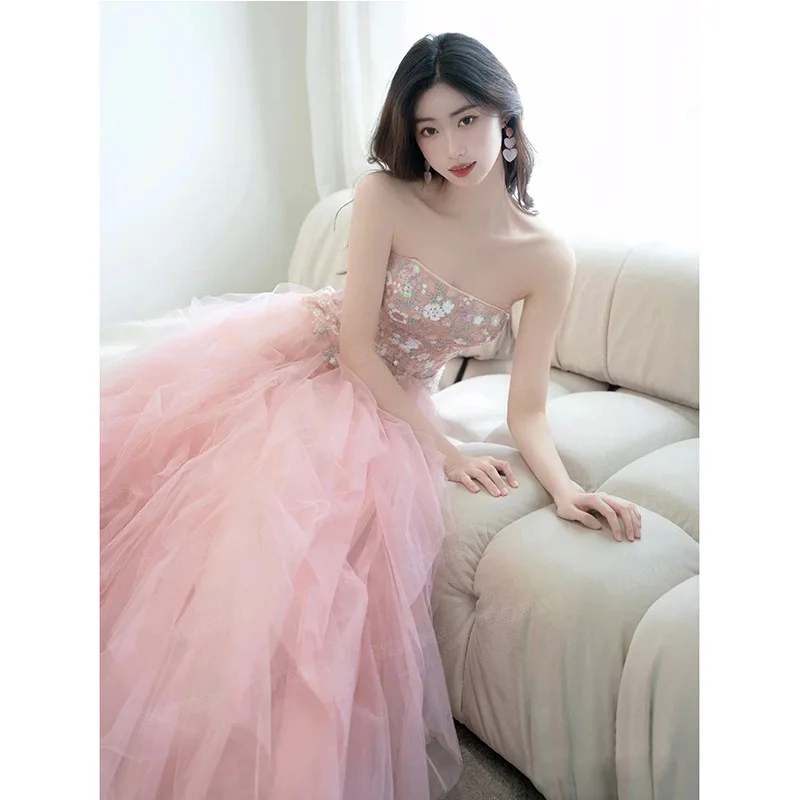 Romantic Pink Evening Dress Elegant Printed Floral Strapless Slim  Bridal Dresses Floor-Length Princess Cake Dress Prom Gown