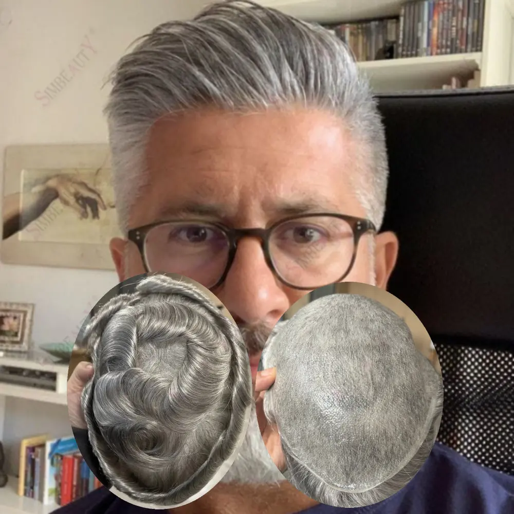 

V-looped Invisible Hairline Men's Capillary Prothesis Ultra Thin 0.02mm Skin Base Toupee Men Human Hair 1B80Grey Hair Prosthesis