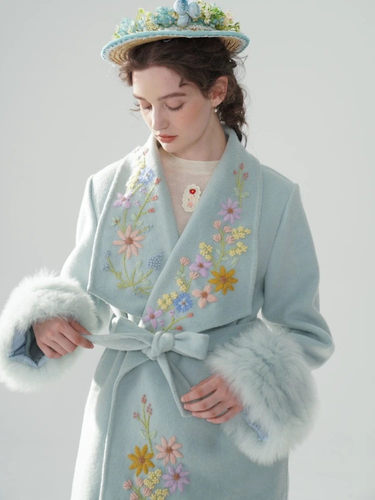 

116-120cm Bust Fall Winter 100%Australian Merino Wool Jackets Women Elegant Handmade Luxury Embroidery Woolen Coats With Blet