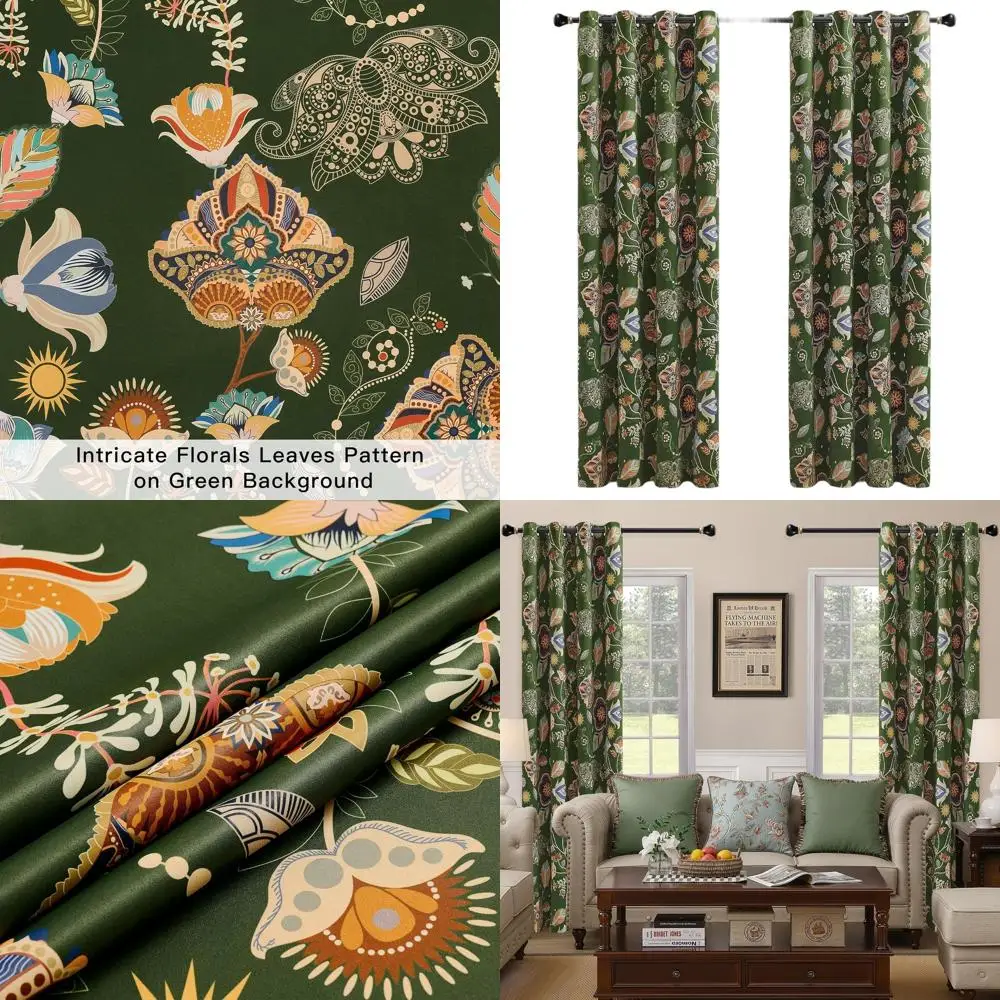 

Vintage Botanical-Printed Blackout Curtains, 52x102 Inches, Moss Green, Thermal Insulated, Grommet Top for Cottage-Style Living