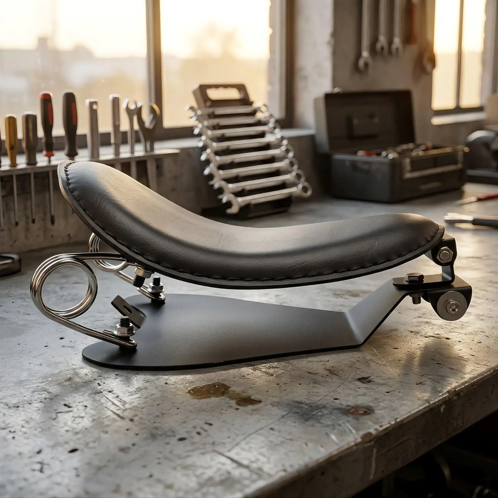 Custom Cruiser Motorcycle Solo Seat Leather Vintage Low Silhouette Contoured Padded Black Stitched Metal Mounting Bracket