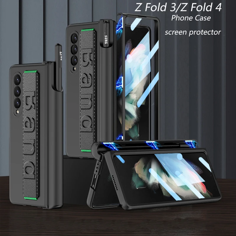 

Чехол для телефона Samsung Galaxy Z Fold 3 4 5G с защитной пленкой для экрана, магнитный шарнир, держатель для ручек, браслет, жесткий противоударный чехол