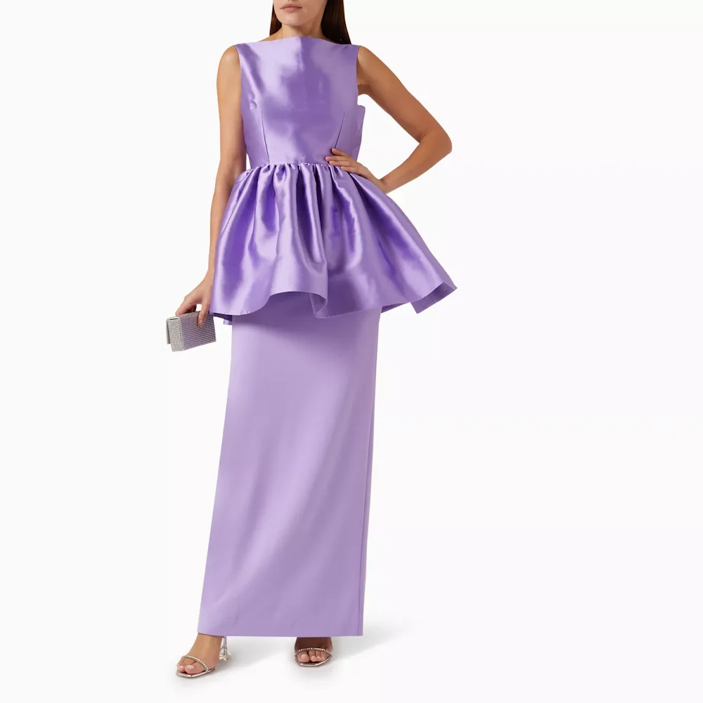 Muloong Purple Boat Neck Mermaid Midi Dress Ruffled Peplum Waist Ankle Length Classic Luxury Evening Dress Back Split Dress