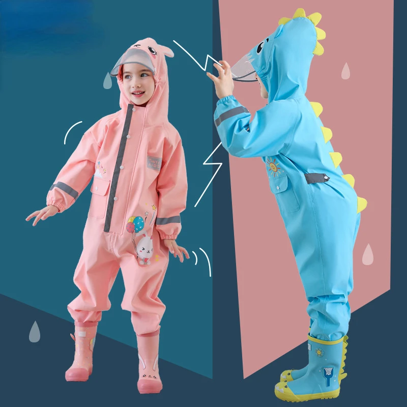 

1-10 Years Old Children Raincoat Kids Boys Girls Waterproof Jumpsuit Hooded One-Piece Cartoon Dinosaur Baby Rainwear and Pants