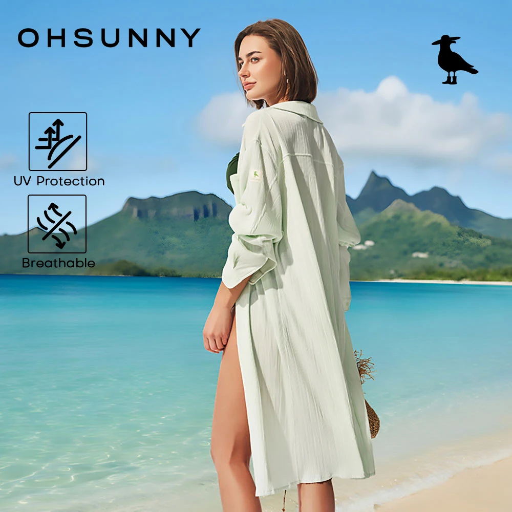 

Женская длинная рубашка-накидка OhSunny с защитой от солнца UPF 2000+, плиссированный дизайн, пляжная одежда, модная дышащая ветровка для активного отдыха