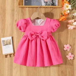 Girl's Dress Summer Girl's Solid Color Small Bow Bubble Sleeve Sweet Square Neck Princess Dress Children's Dress