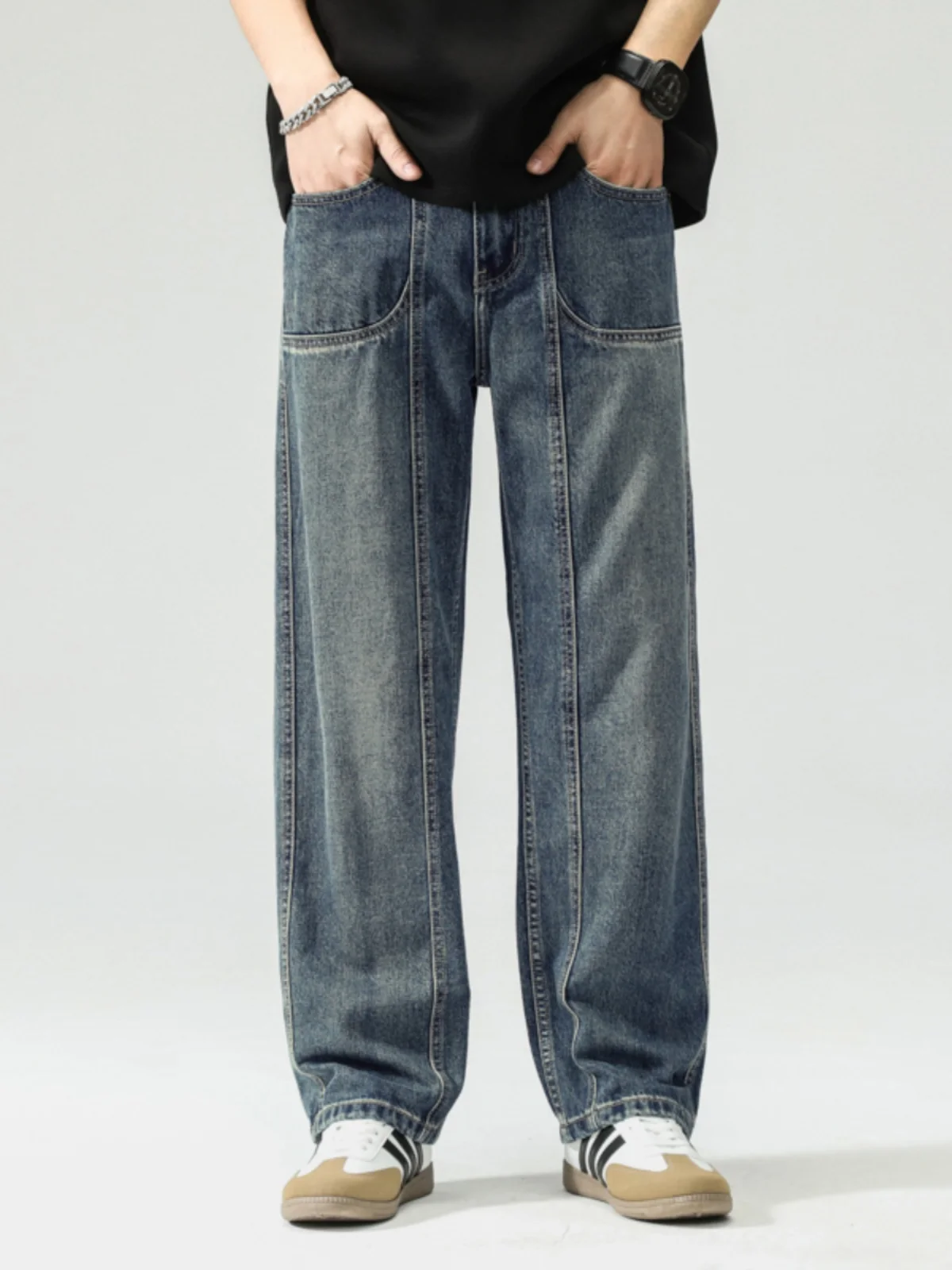 

Retro American High Street Washed Denim Pants Loose Straight Casual Wide Leg Men's Long Trousers Spring Autumn Fashion Brand