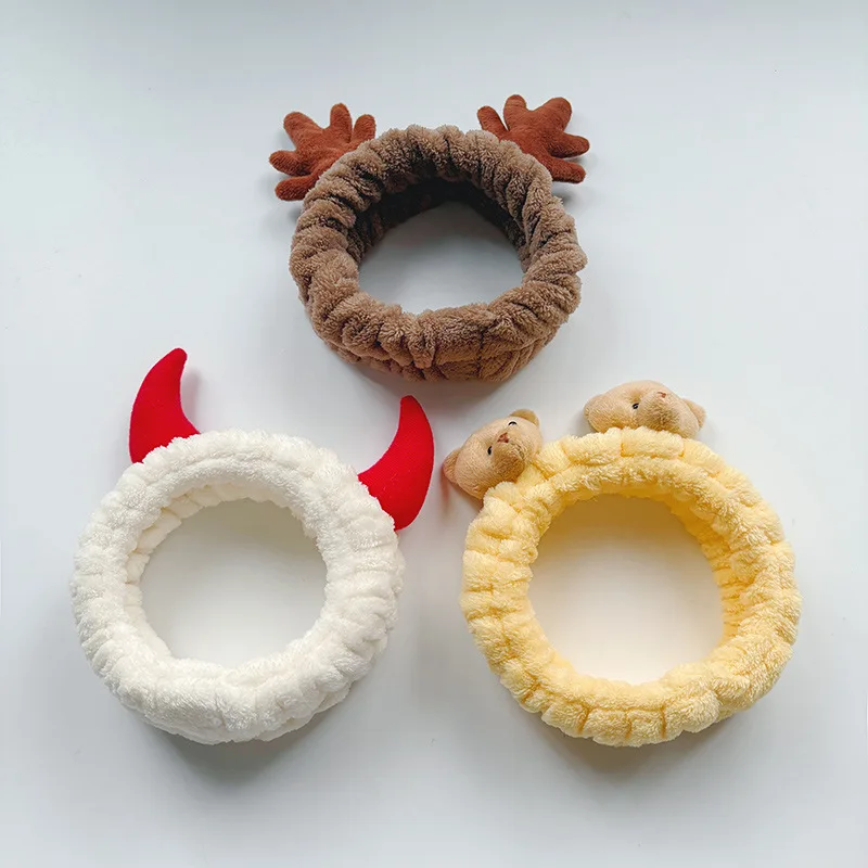 Diadema decorativa de peluche con cuerno para lavar la cara, toalla para el cabello