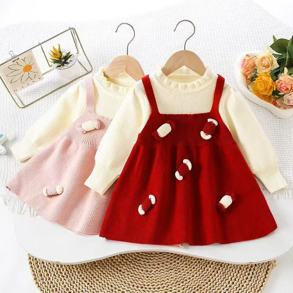 

Girls' Knitted Dress - Autumn/Winter New Arrival Baby Girl Candy Red Festive Knit Princess Dress Korean Style Fashionable