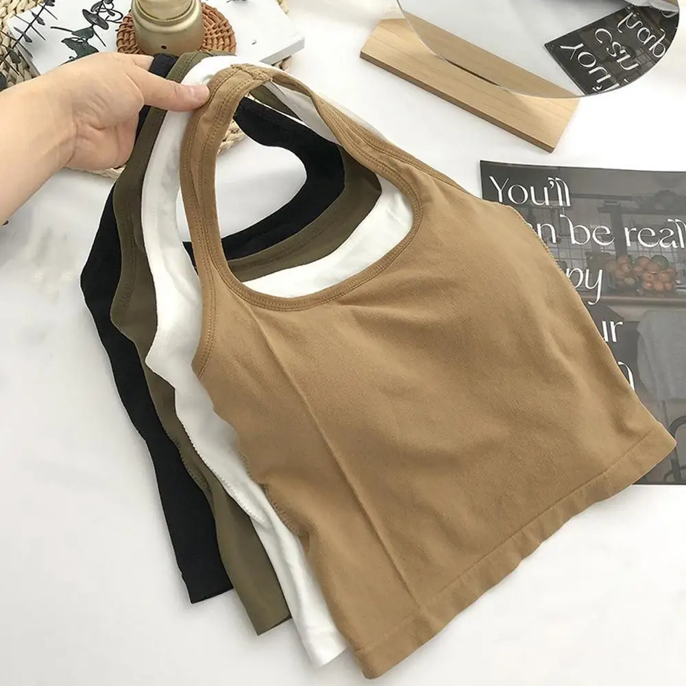 Slim Fit Bra Camisole For Women Sexy Backless Cropped Tank Tops Casual Basic Cotton Yoga Halter Padded Cami Vest Top For Ladies