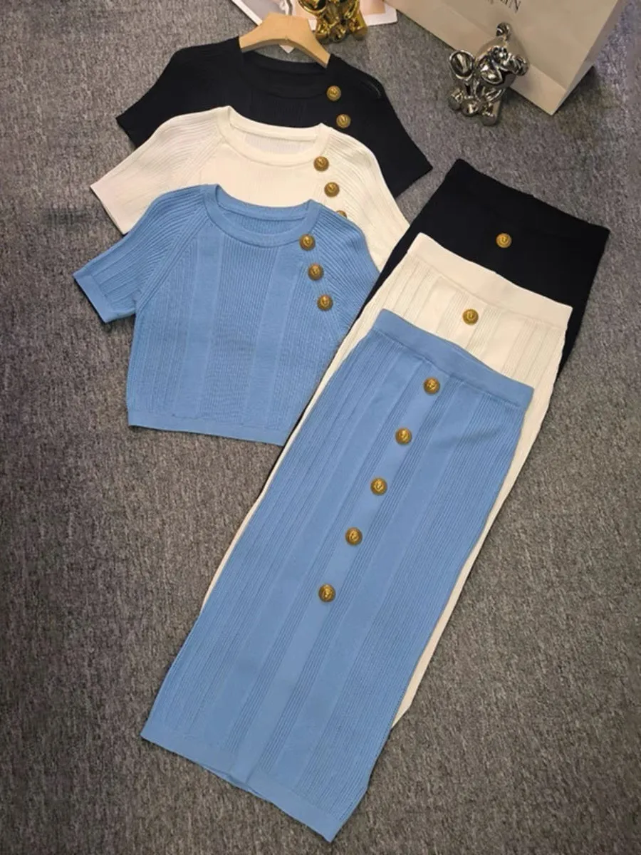 Vintage Slim Knit 2 Pcs Skirt Sets Women 2024 Summer Gold Buttons Short Sleeve Sweater + Pencil Long Skirt Outfits Matching Set