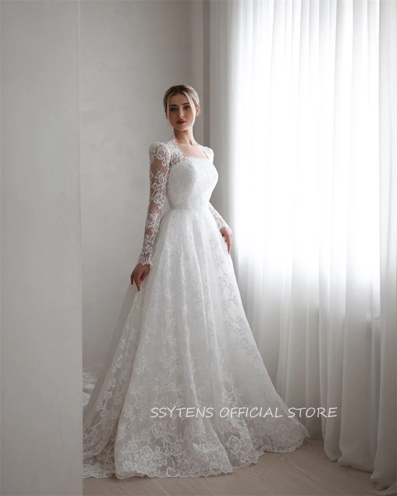 SSYTENS Abito da sposa con maniche lunghe in pizzo pieno con scollo quadrato Abito da sposa personalizzato Israele per la sposa Vestido civile su