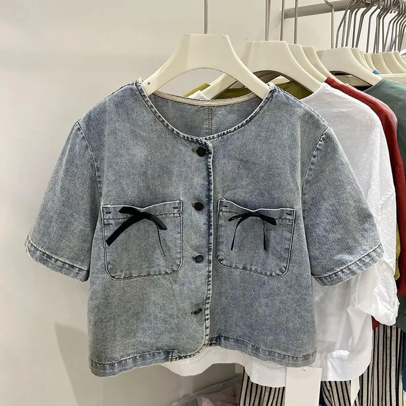 Bow Tie Denim Jacket Women 2024 Summer New Short T-shirt Loose Fashion Short-sleeved Single-breasted Tops Cute Girls Blouse Coat