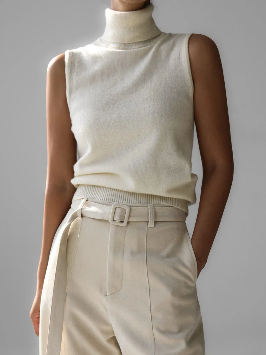 Bornladies Damska Nowa Dzianinowa Koszulka Bez Rękawów z Golfem Miękki Materiał Modny Dopasowany Krój Jednolity Kolor Jesień Zima Modne Camisole